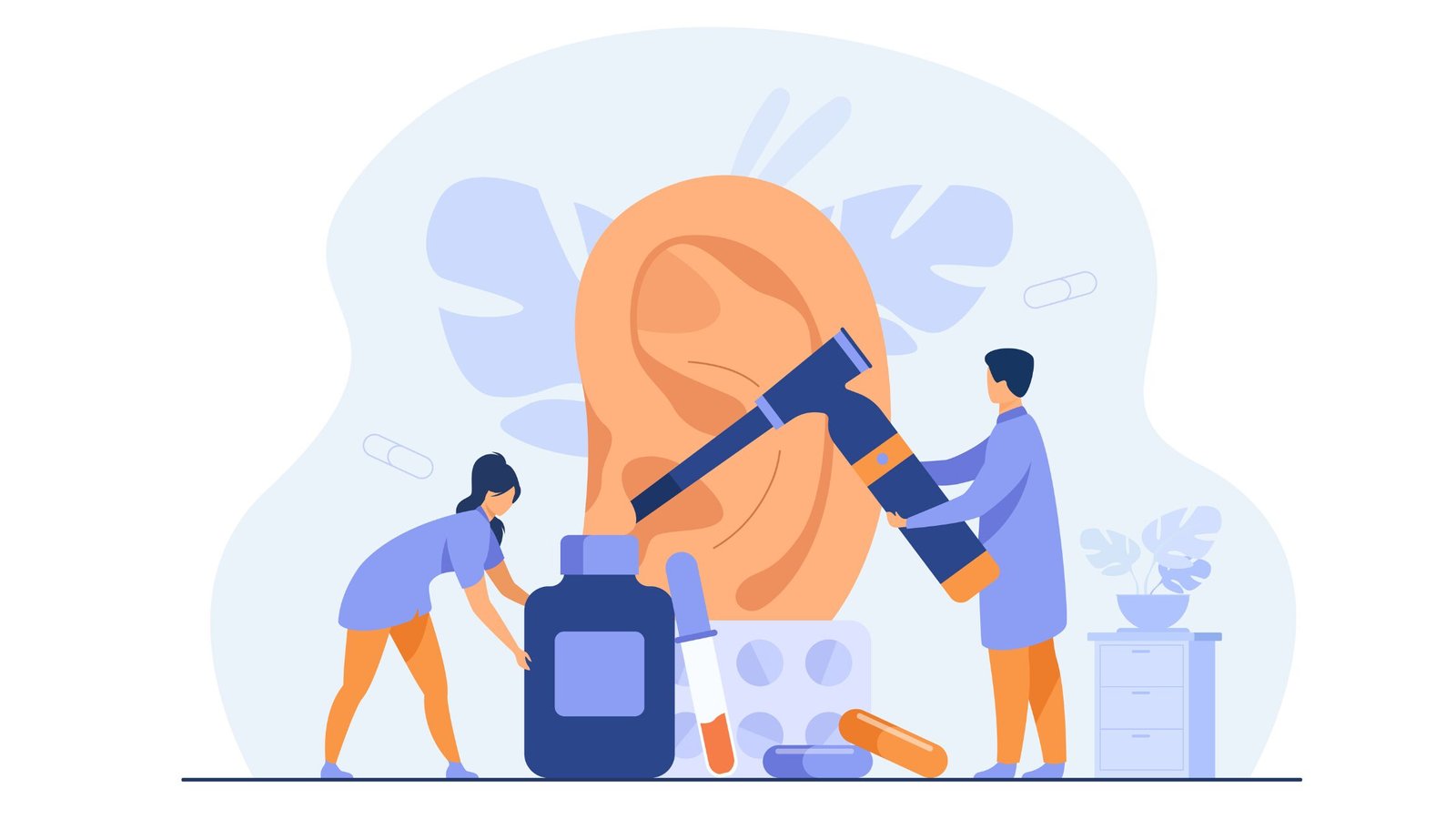 Patient receiving cochlear implant evaluation at Merfish Clinic with audiologist adjusting hearing device.