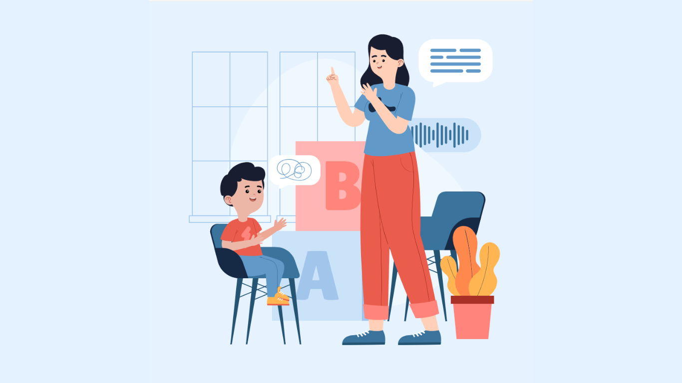 Speech and language therapist helping a patient improve communication skills in a clinical setting.