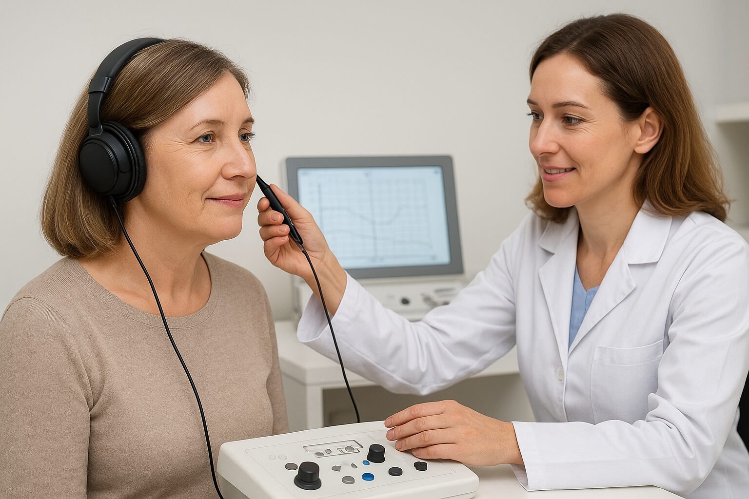 Audiologist performing a regular hearing evaluation on a patient using professional diagnostic equipment in a clinic.